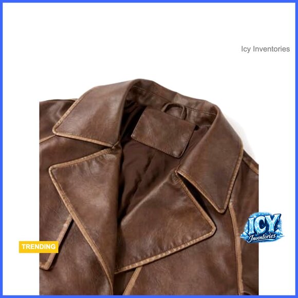 Faux PU Leather Trench Coat with Belt, Oversize Classic Lapel Overcoat - Picture 4 of 7